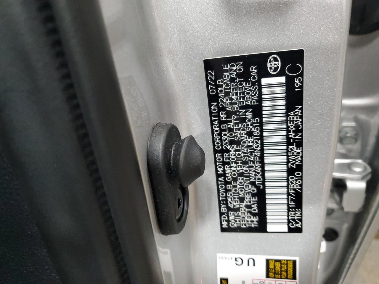 2022 TOYOTA PRIUS PRIME LE VIN:JTDKAMFP4N3218515