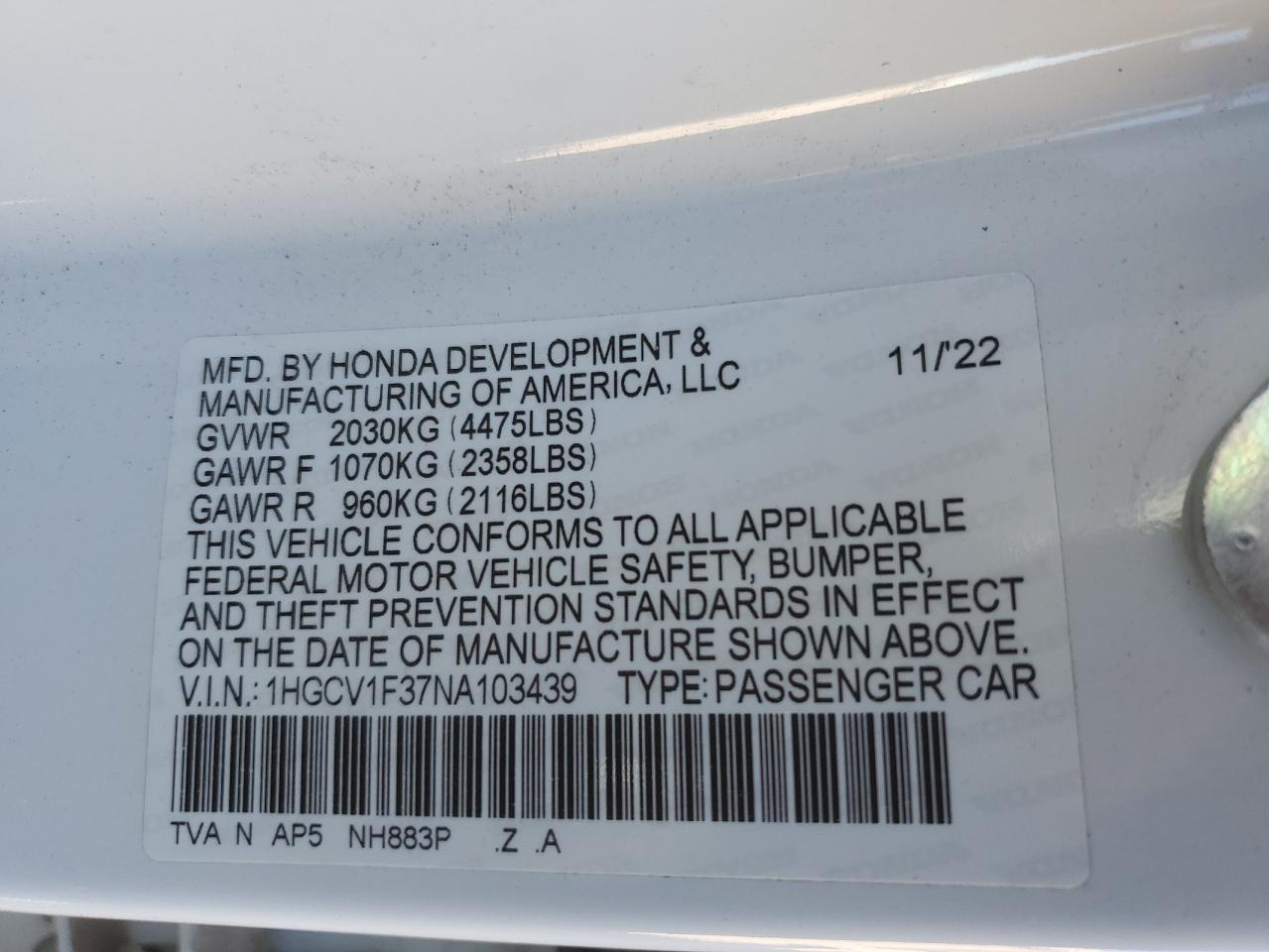 2022 HONDA ACCORD SPORT VIN:1HGCV1F37NA103439