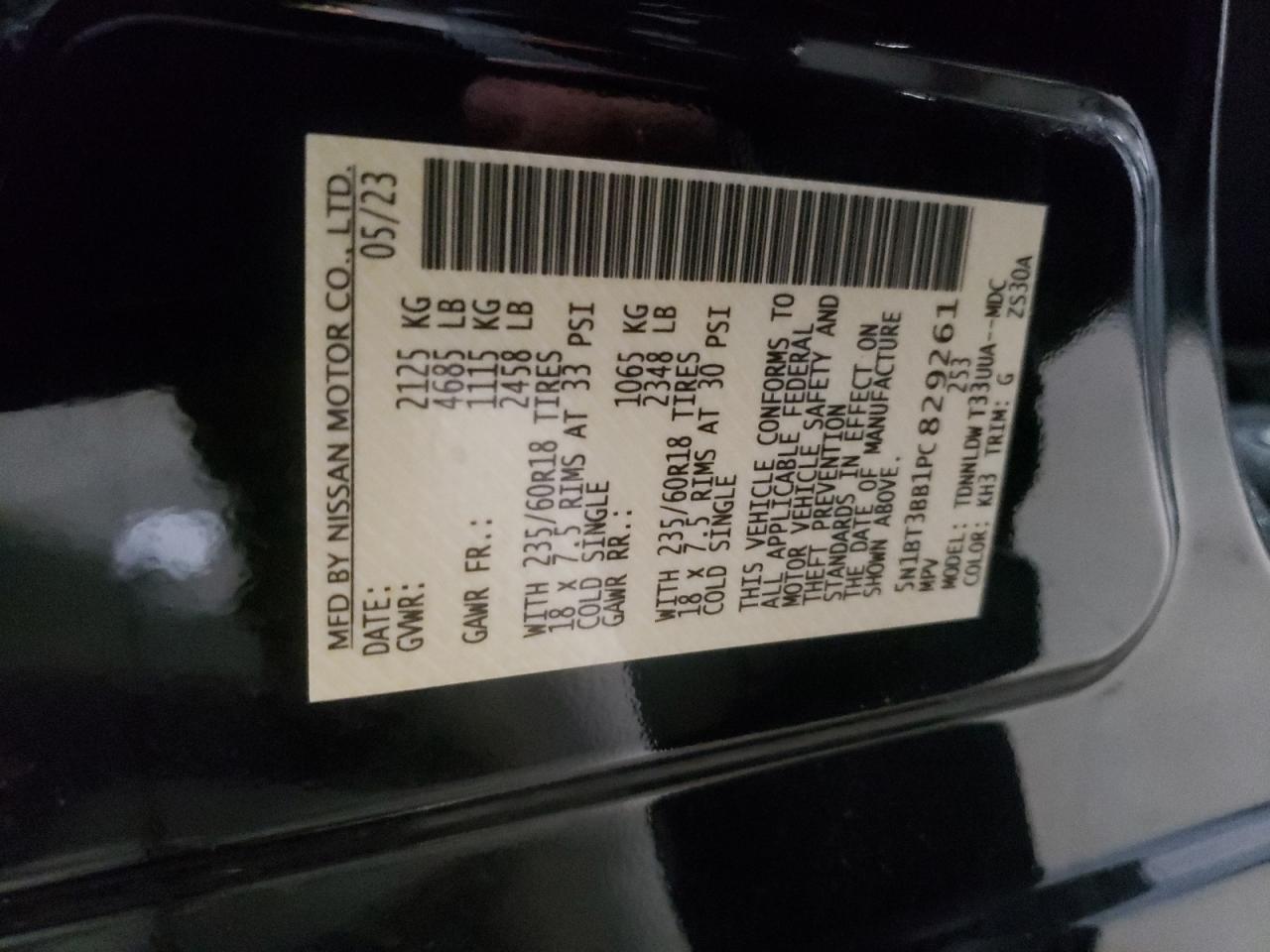 2023 NISSAN ROGUE SV VIN:5N1BT3BB1PC829261