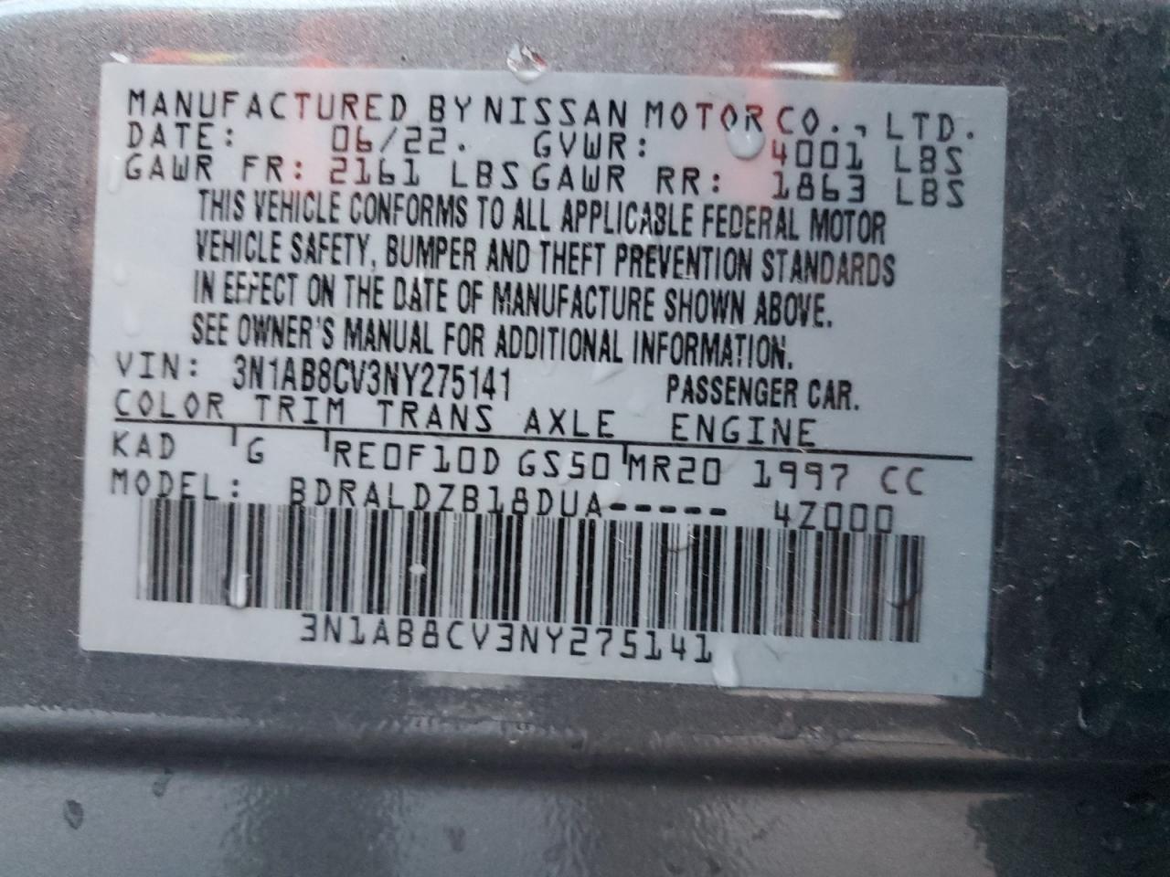 2022 NISSAN SENTRA SV VIN:3N1AB8CV3NY275141