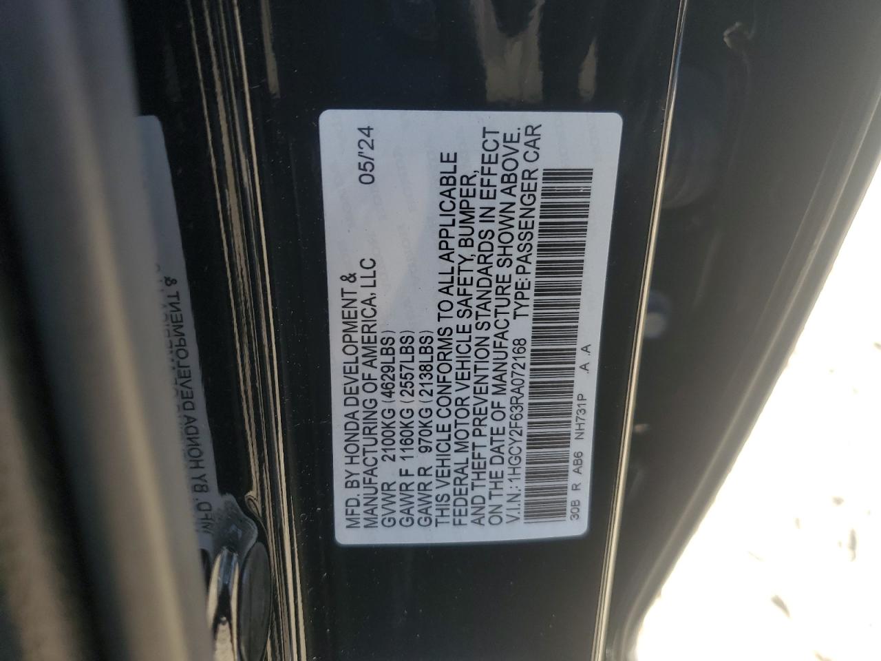 2024 HONDA ACCORD HYBRID EXL VIN:1HGCY2F63RA072168