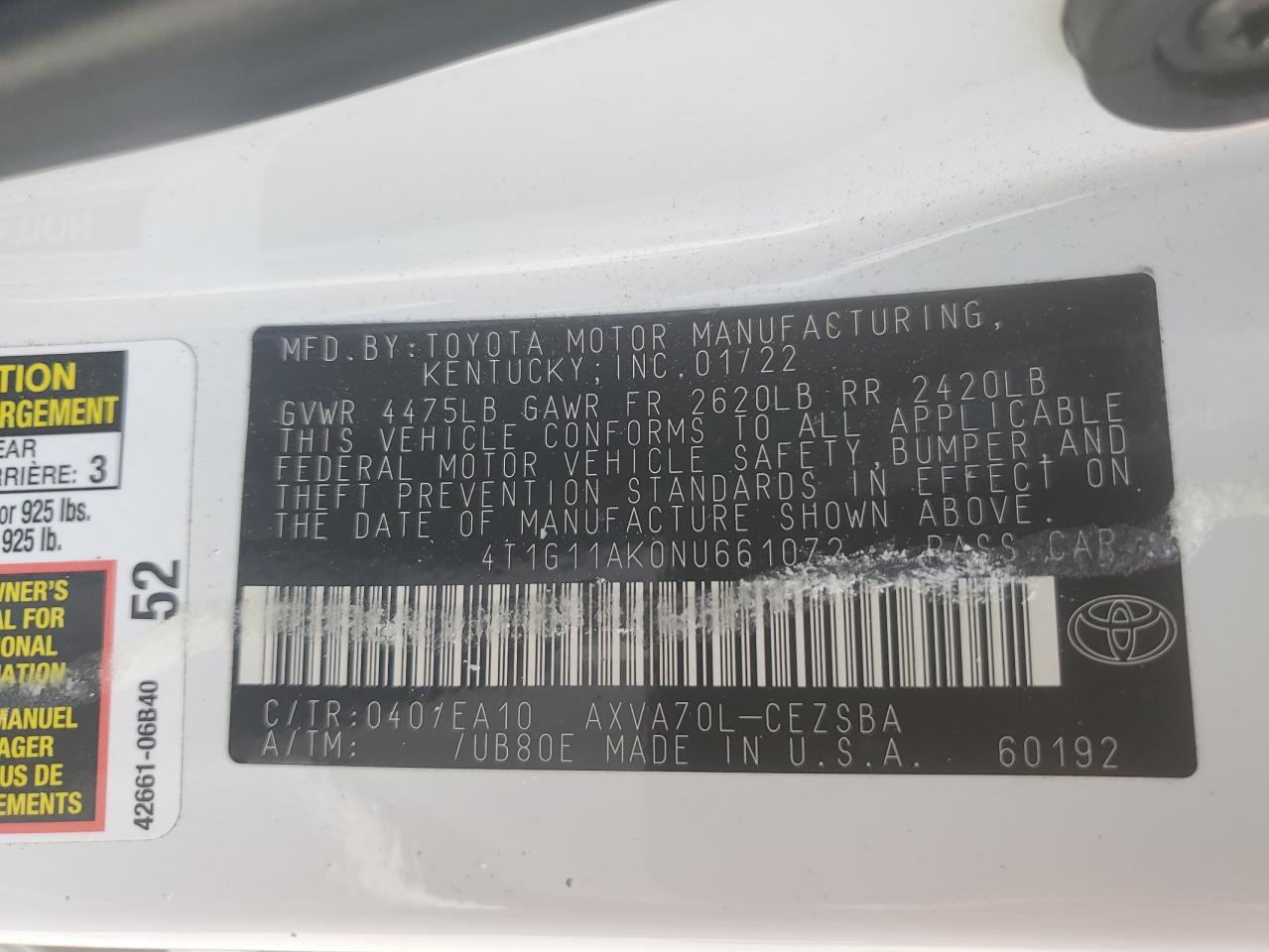 2022 TOYOTA CAMRY SE VIN:4T1G11AK0NU661072