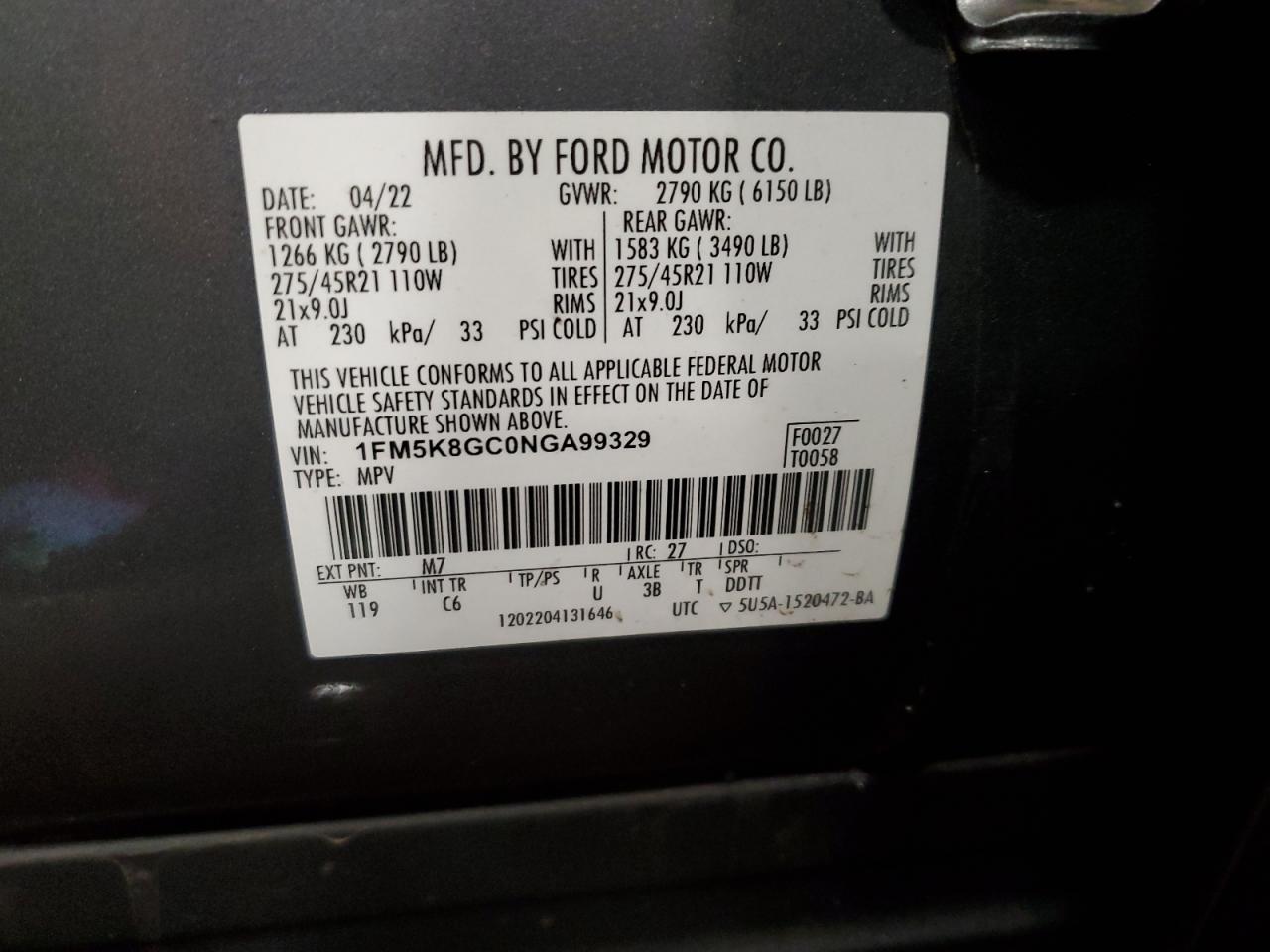 2022 FORD EXPLORER ST VIN:1FM5K8GC0NGA99329
