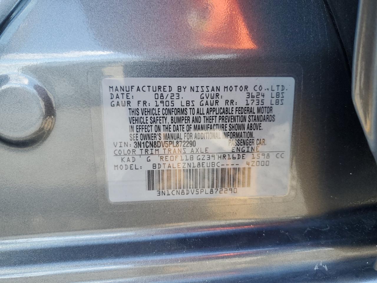 2023 NISSAN VERSA S VIN:3N1CN8DV5PL872290