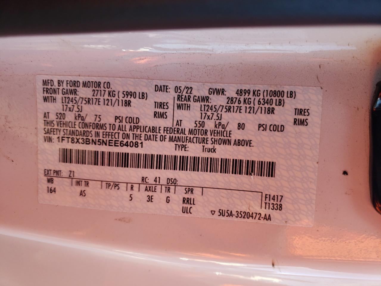 2022 FORD F350 SUPER DUTY VIN:1FT8X3BN5NEE64081