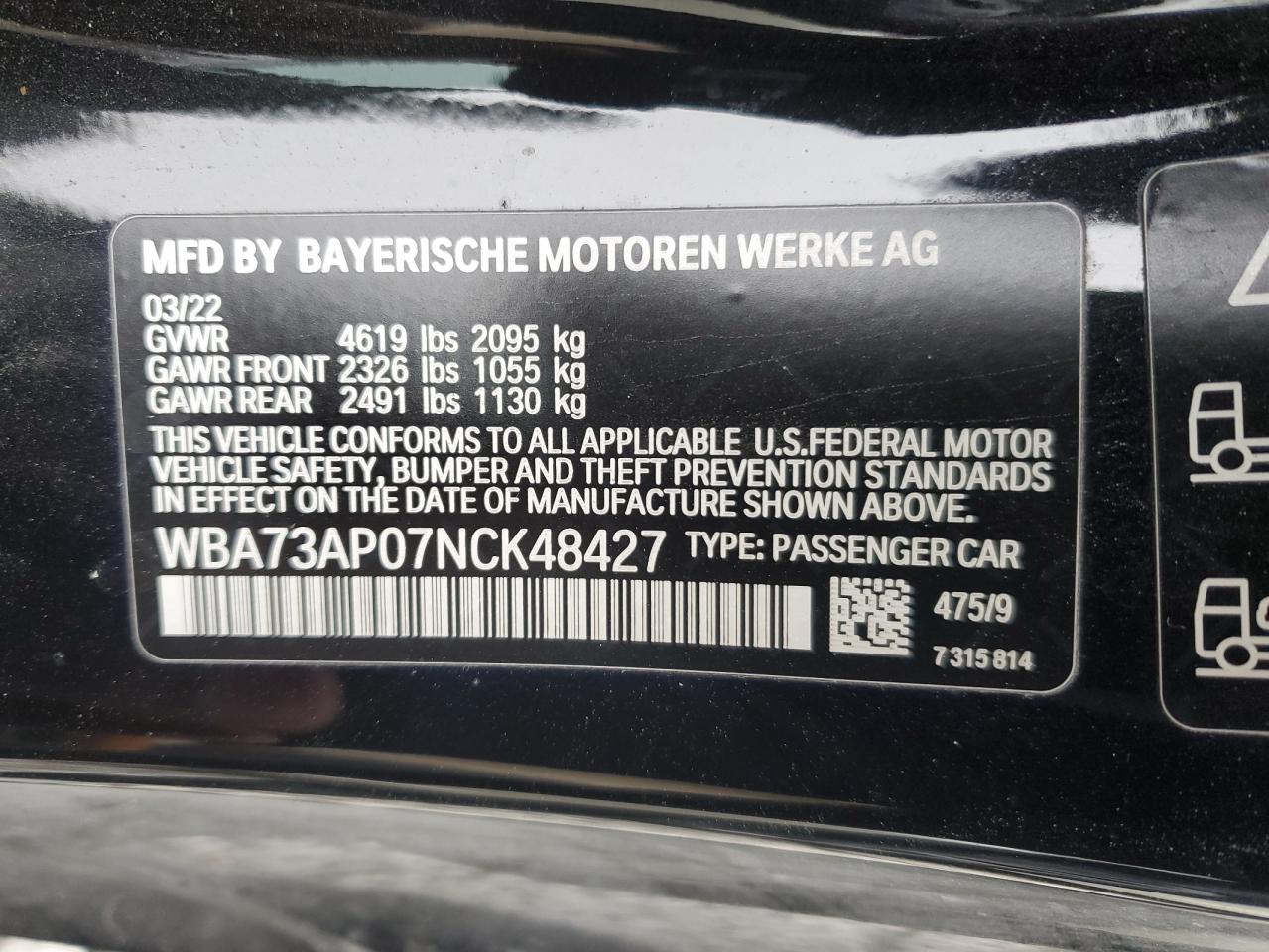 2022 BMW 430XI  VIN:WBA73AP07NCK48427