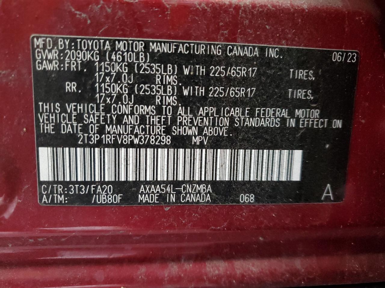 2023 TOYOTA RAV4 XLE VIN:2T3P1RFV8PW378298