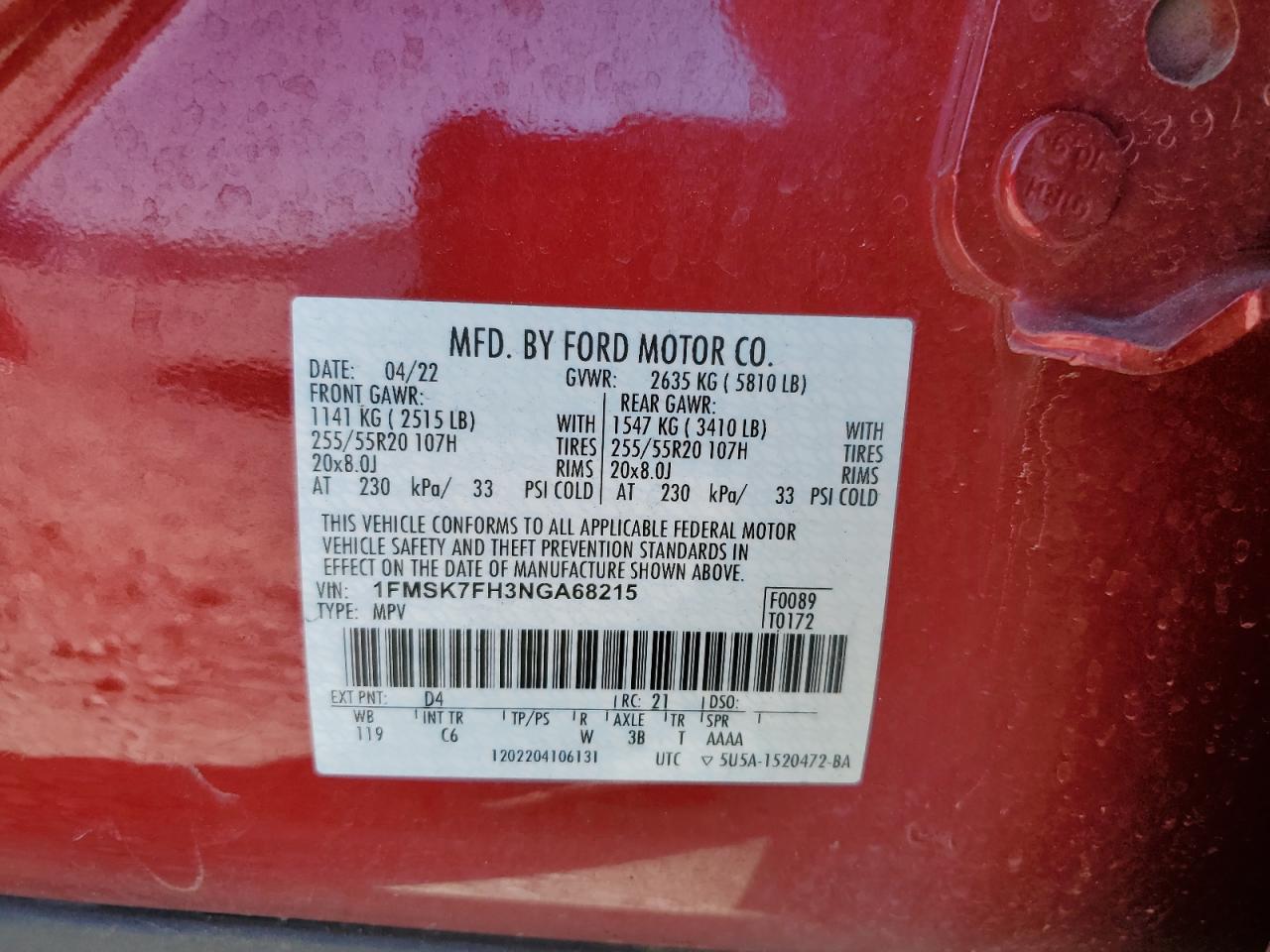 2022 FORD EXPLORER LIMITED VIN:1FMSK7FH3NGA68215