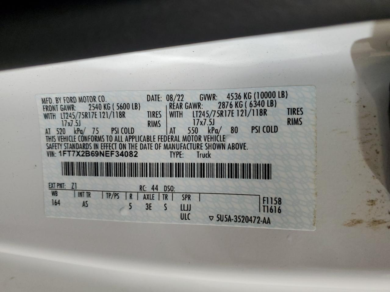 2022 FORD F250 SUPER DUTY VIN:1FT7X2B69NEF34082