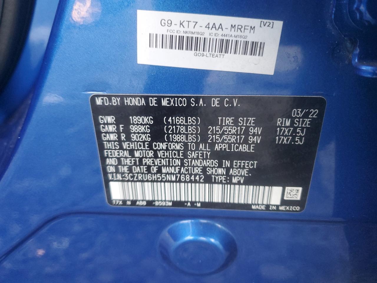 2022 HONDA HR-V EX VIN:3CZRU6H55NM768442