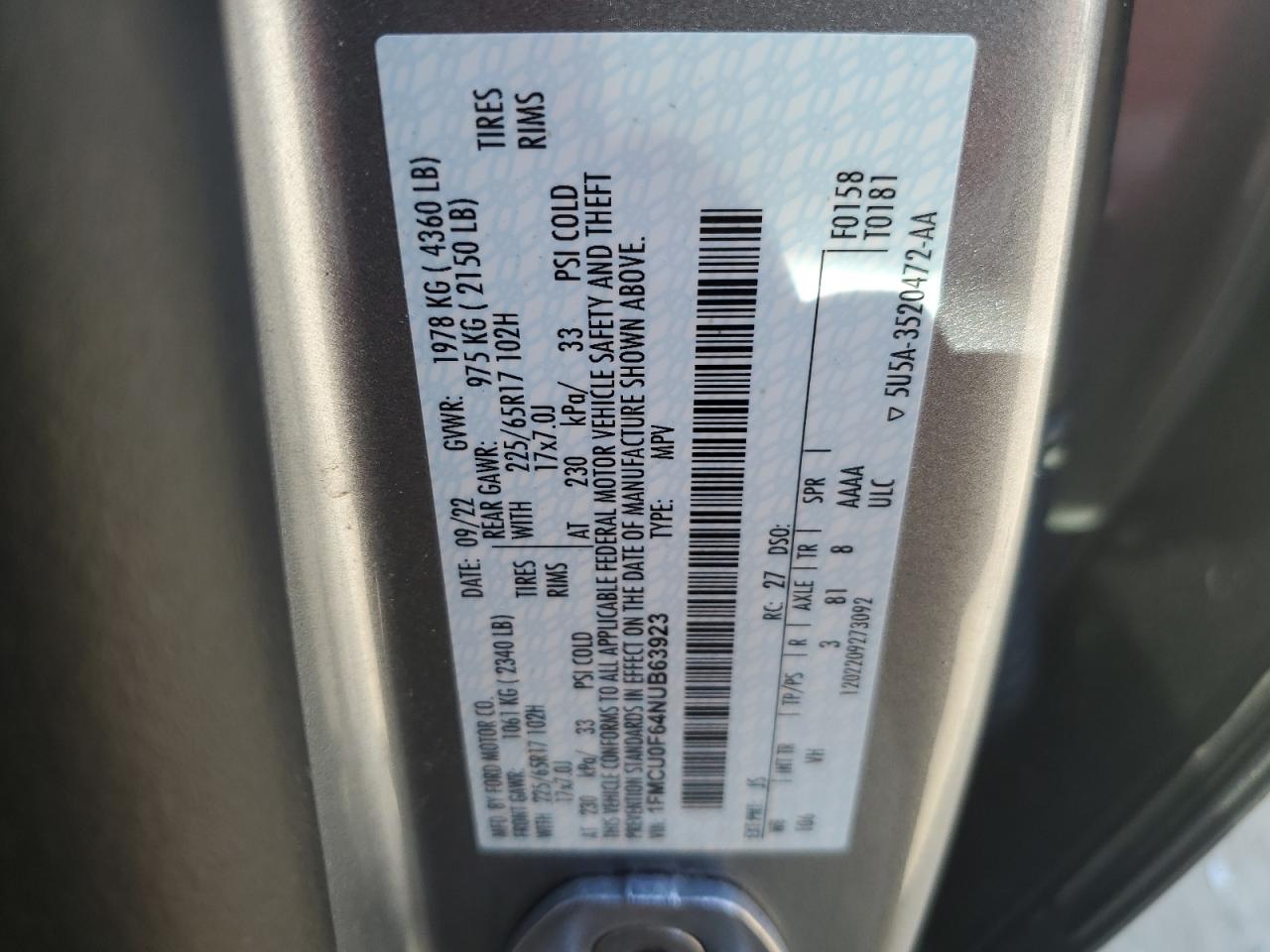 2022 FORD ESCAPE S VIN:1FMCU0F64NUB63923