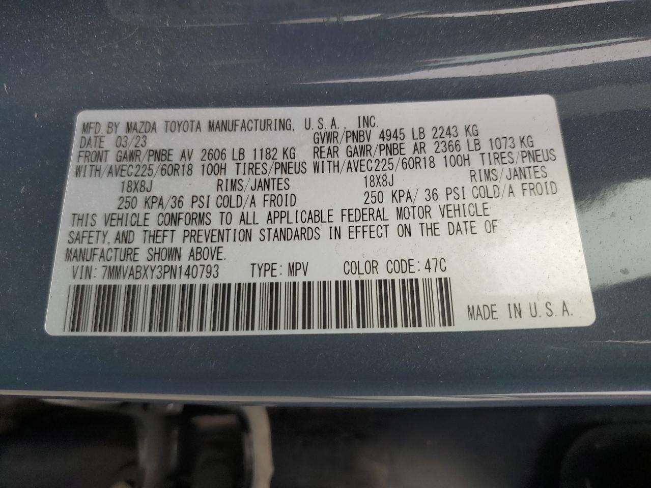 2023 MAZDA CX-50 BASE VIN:7MMVABXY3PN140793