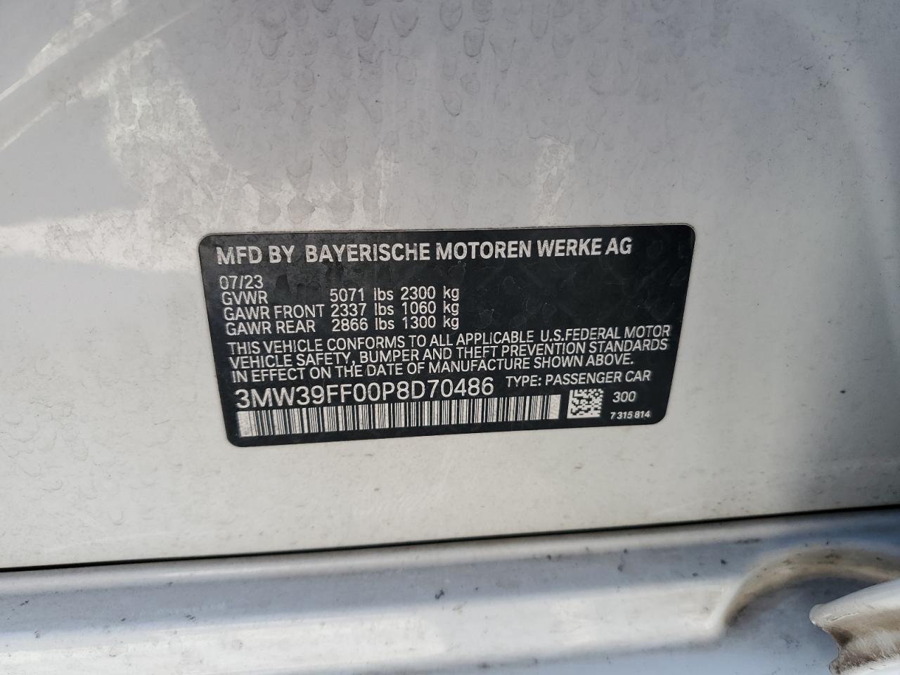 2023 BMW 330E  VIN:3MW39FF00P8D70486