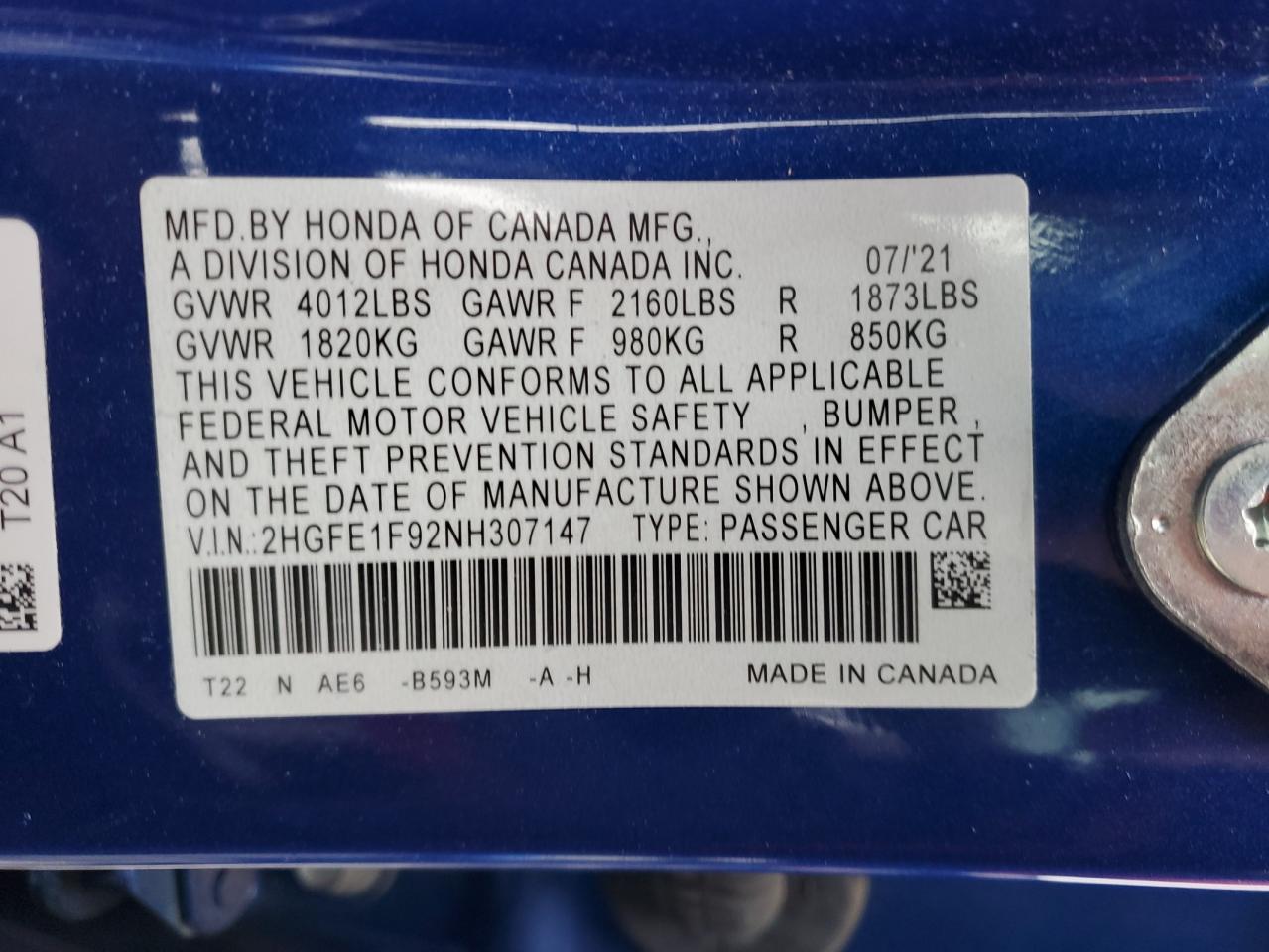 2022 HONDA CIVIC TOURING VIN:2HGFE1F92NH307147