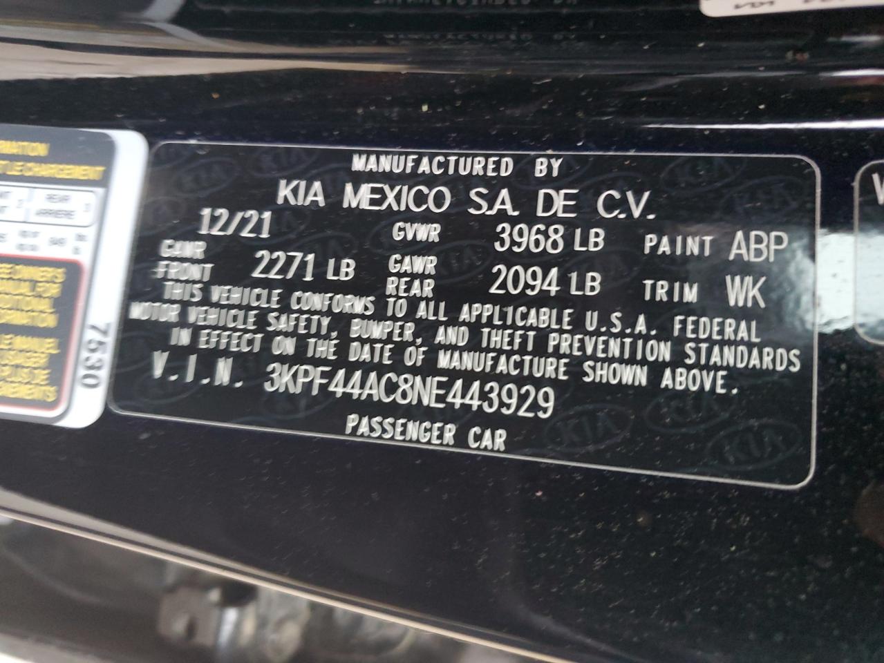 2022 KIA FORTE GT VIN:3KPF44AC8NE443929