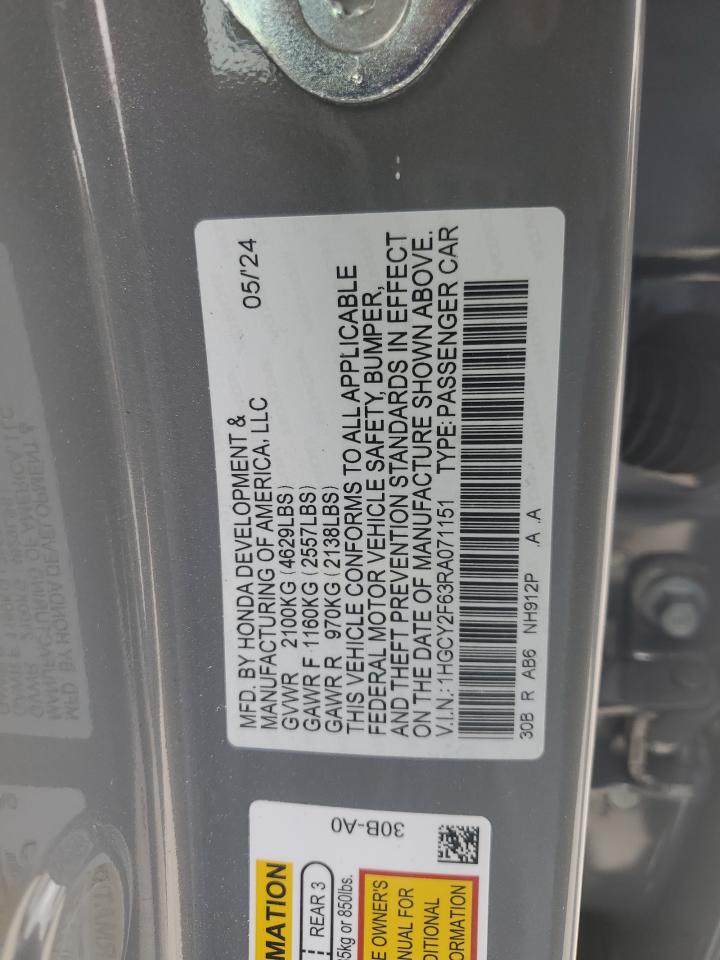 2024 HONDA ACCORD HYBRID EXL VIN:1HGCY2F63RA071151