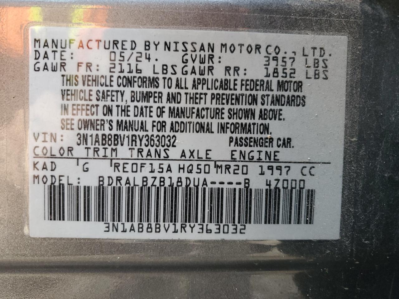 2024 NISSAN SENTRA S VIN:3N1AB8BV1RY363032