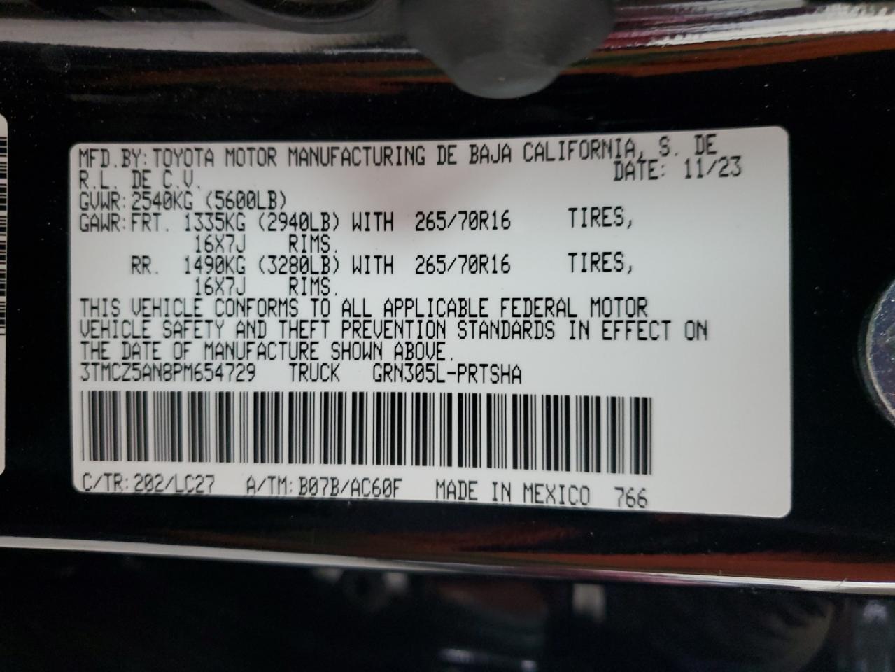 2023 TOYOTA TACOMA DOUBLE CAB VIN:3TMCZ5AN8PM654729