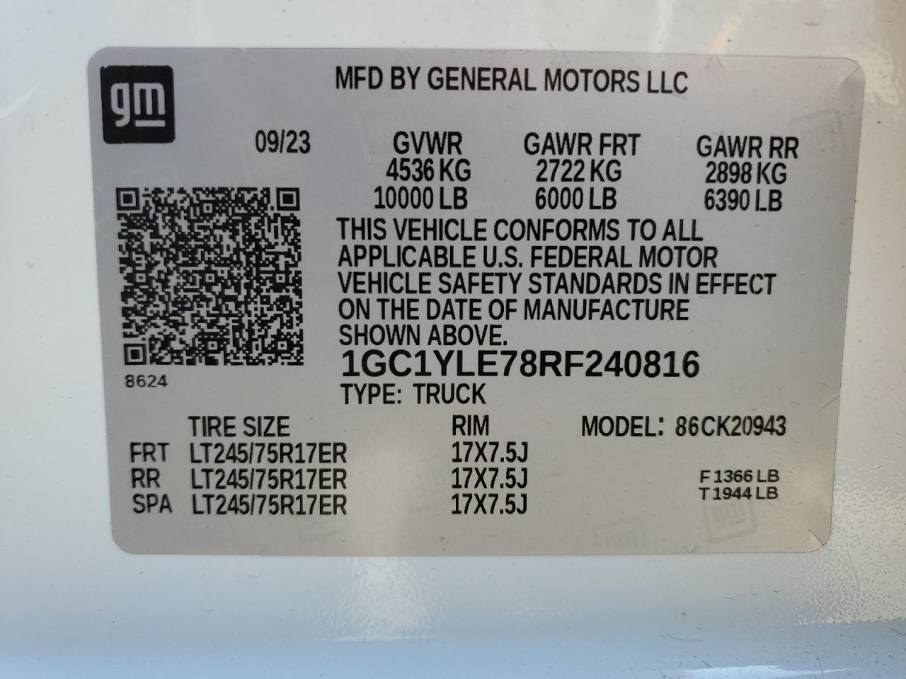 2024 CHEVROLET SILVERADO K2500 HEAVY DUTY VIN:1GC1YLE78RF240816