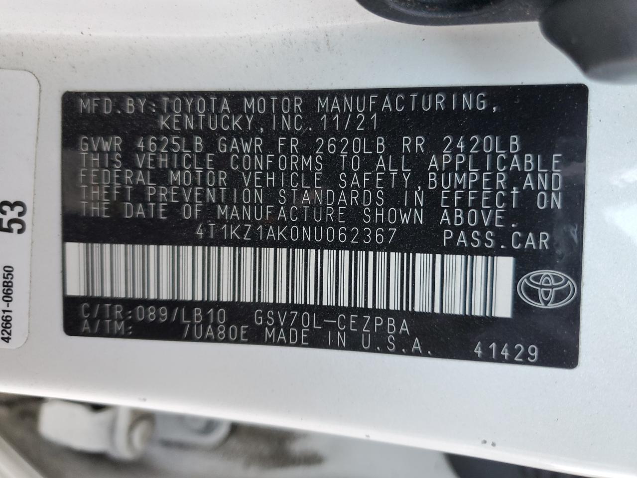 2022 TOYOTA CAMRY TRD VIN:4T1KZ1AK0NU062367