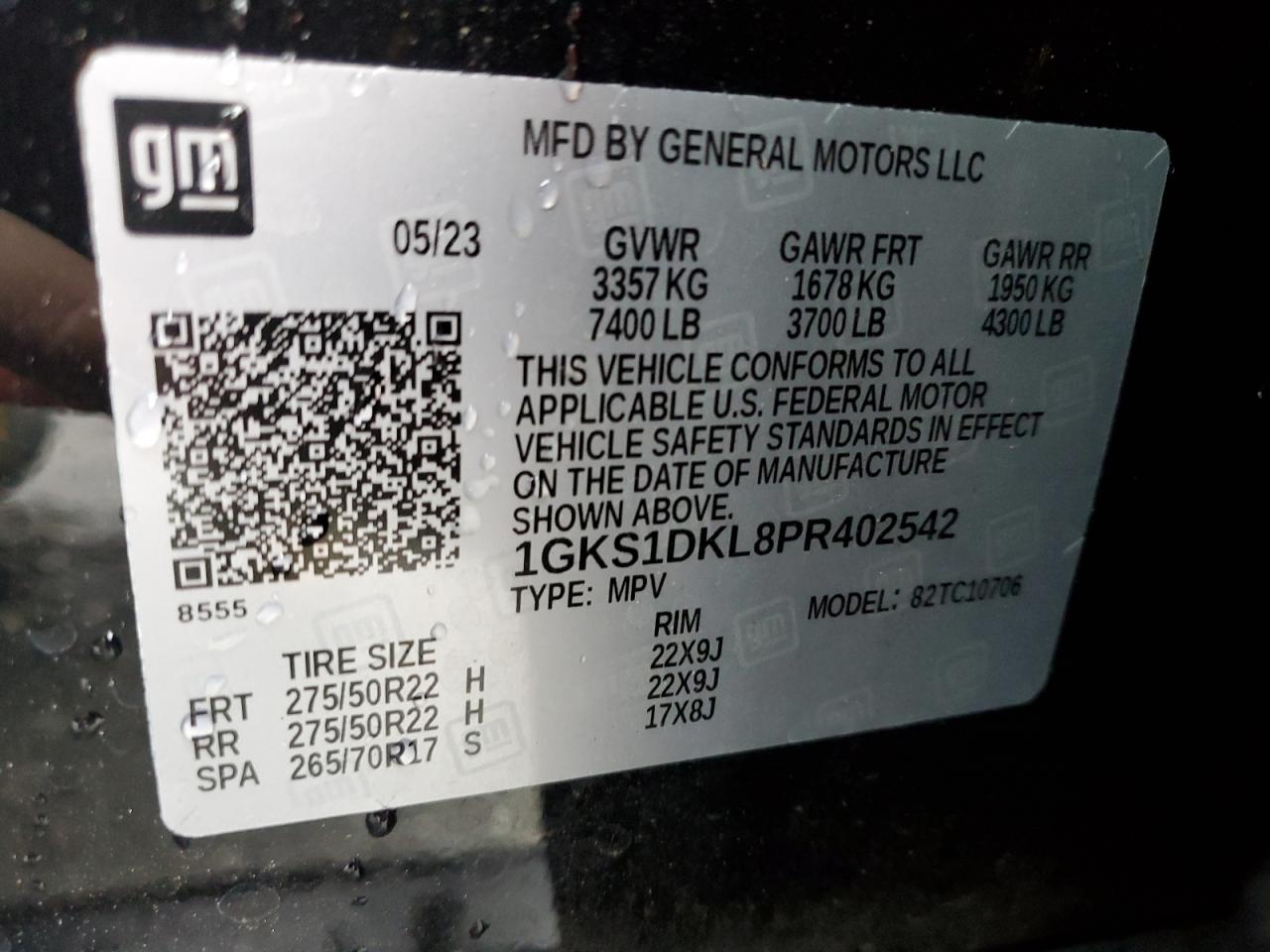 2023 GMC YUKON DENALI VIN:1GKS1DKL8PR402542