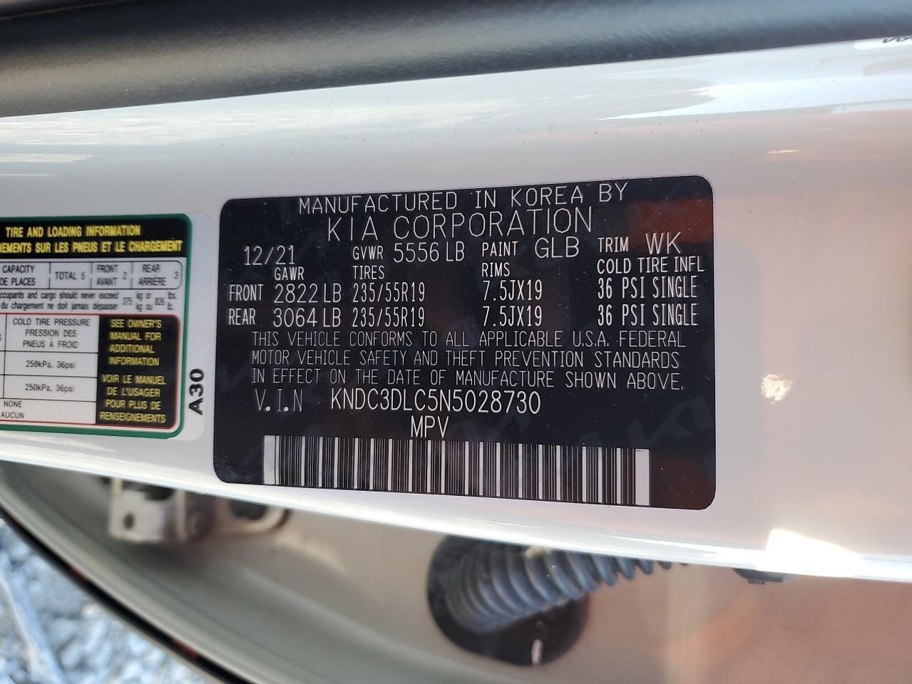 2022 KIA EV6 LIGHT VIN:KNDC3DLC5N5028730
