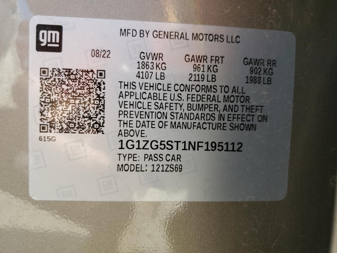 2022 CHEVROLET MALIBU RS VIN:1G1ZG5ST1NF195112