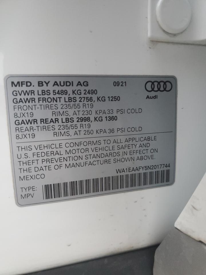 2022 AUDI Q5 PREMIUM PLUS 45 VIN:WA1EAAFY5N2017744