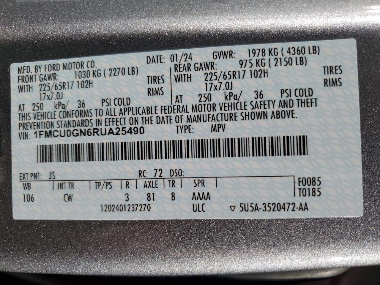 2024 FORD ESCAPE ACTIVE VIN:1FMCU0GN6RUA25490