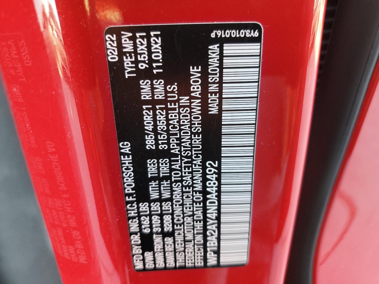 2022 PORSCHE CAYENNE COUPE VIN:WP1BA2AY4NDA48492