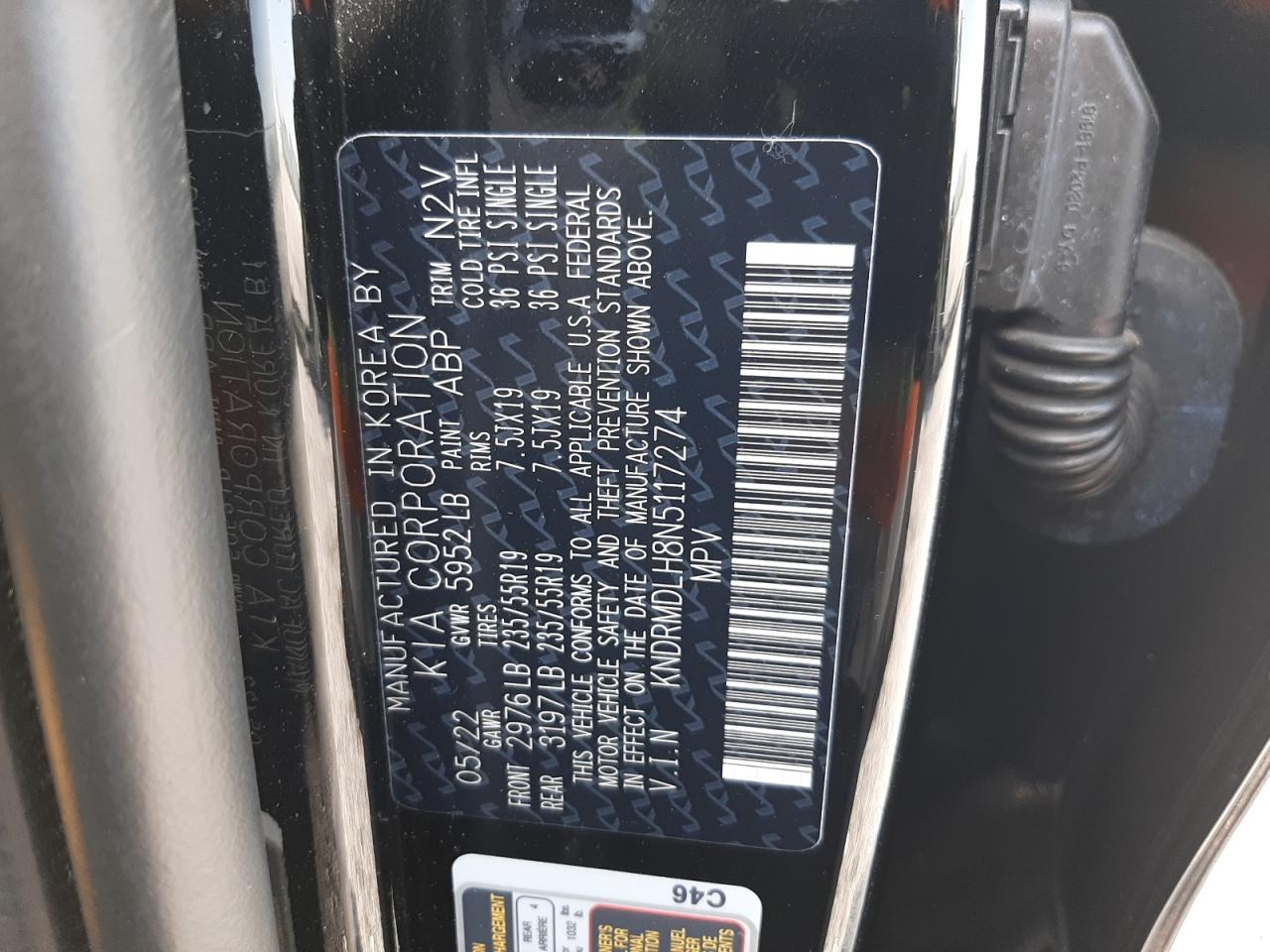 2022 KIA SORENTO SX PRESTIGE VIN:KNDRMDLH8N5117274