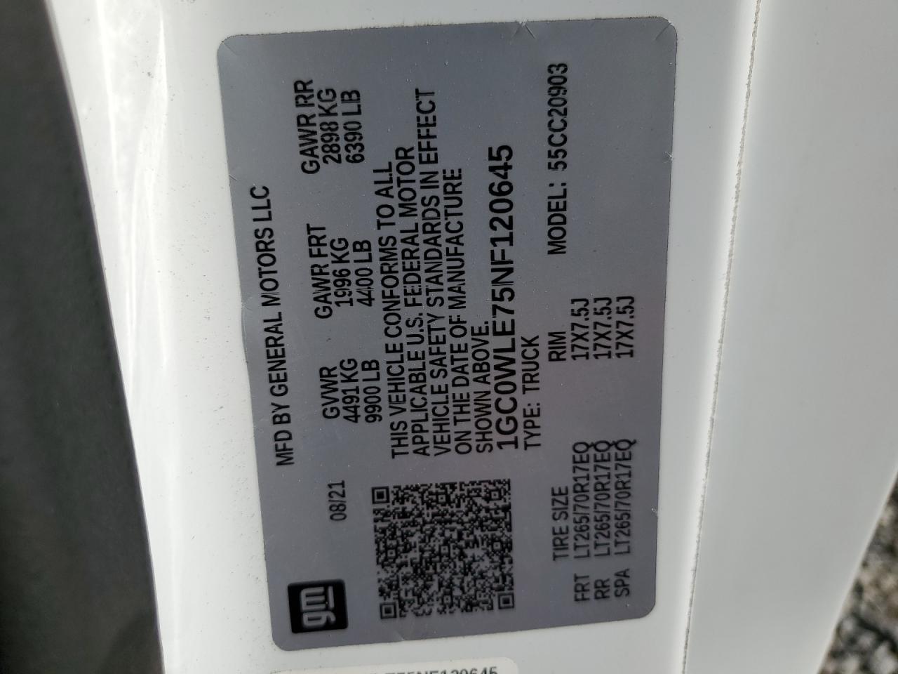 2022 CHEVROLET SILVERADO C2500 HEAVY DUTY VIN:1GC0WLE75NF120645