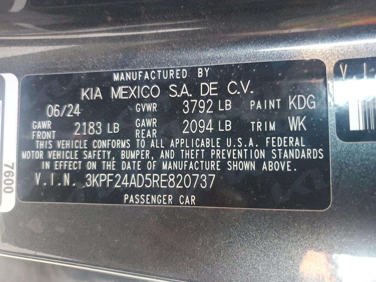 2024 KIA FORTE LX VIN:3KPF24AD5RE820737