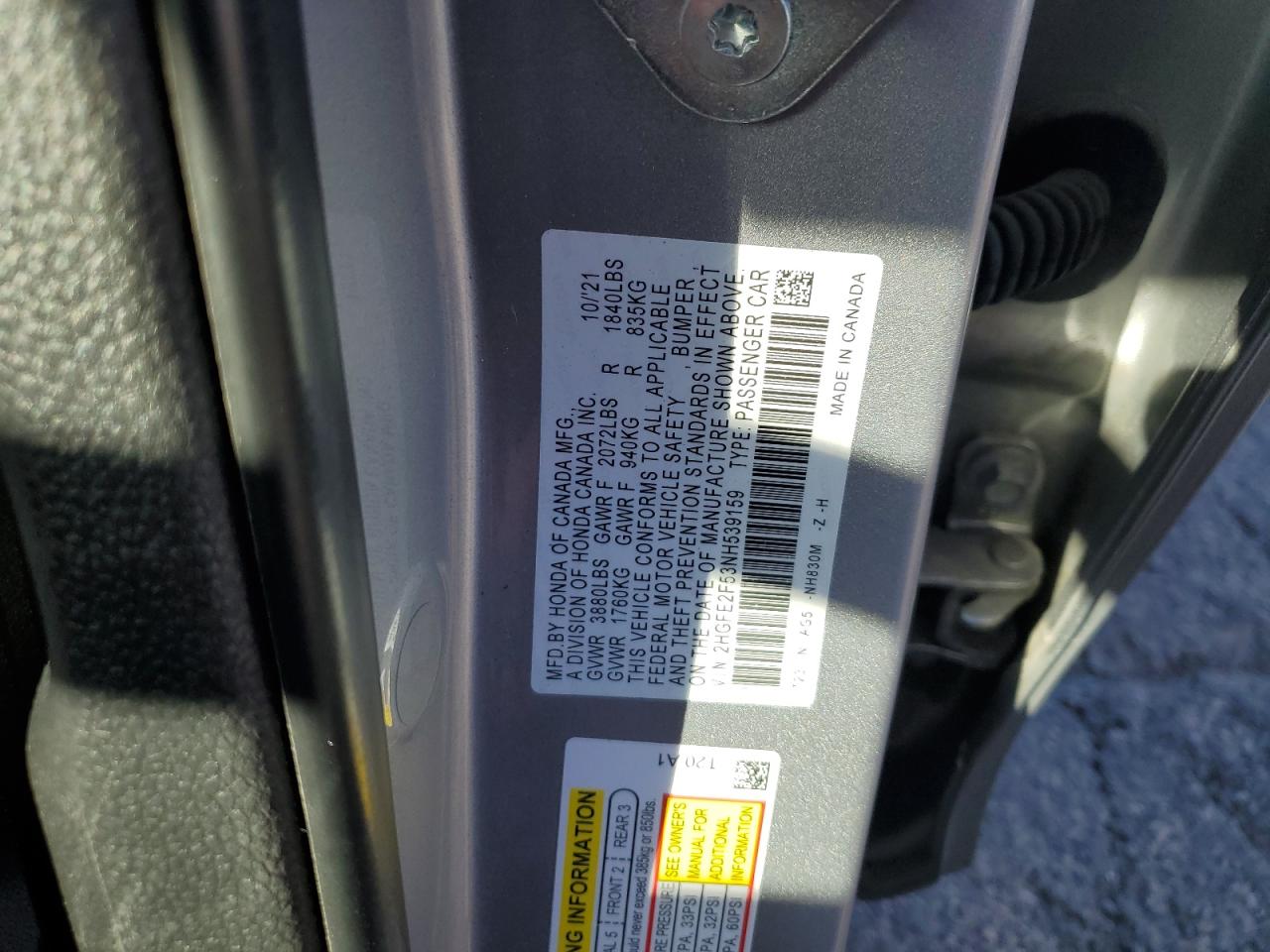 2022 HONDA CIVIC SPORT VIN:2HGFE2F53NH539159