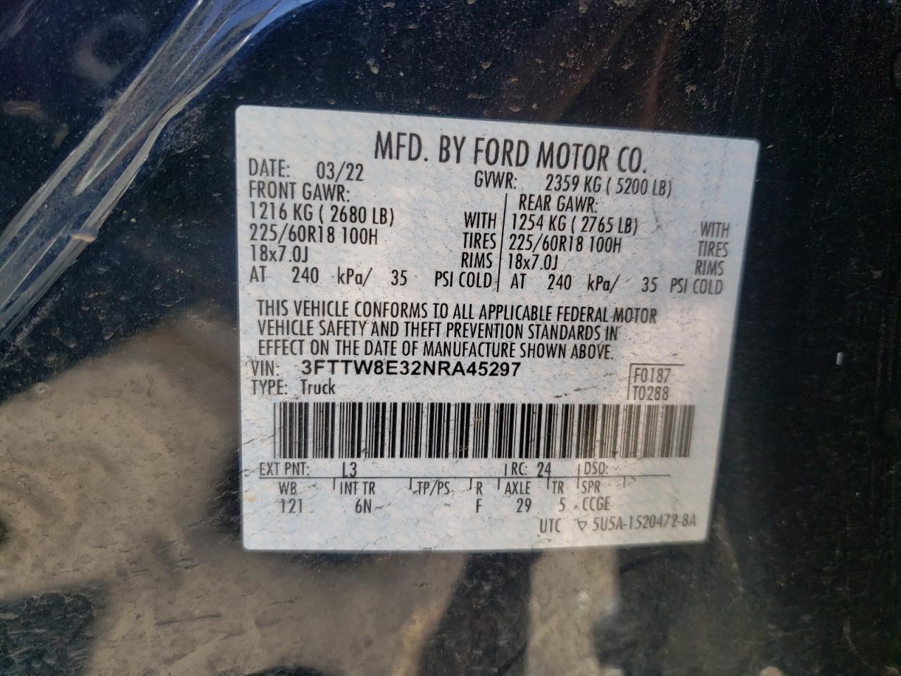 2022 FORD MAVERICK XL VIN:3FTTW8E32NRA45297