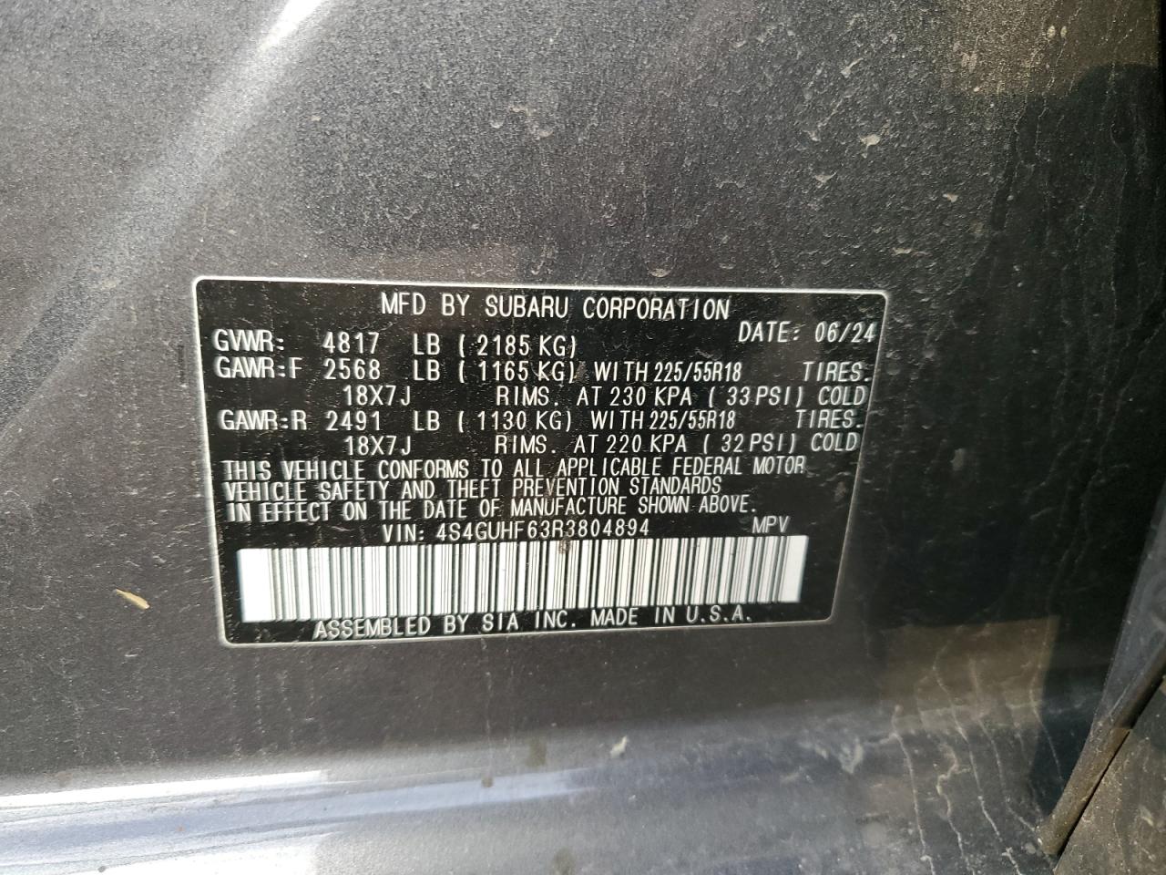 2024 SUBARU CROSSTREK SPORT VIN:4S4GUHF63R3804894