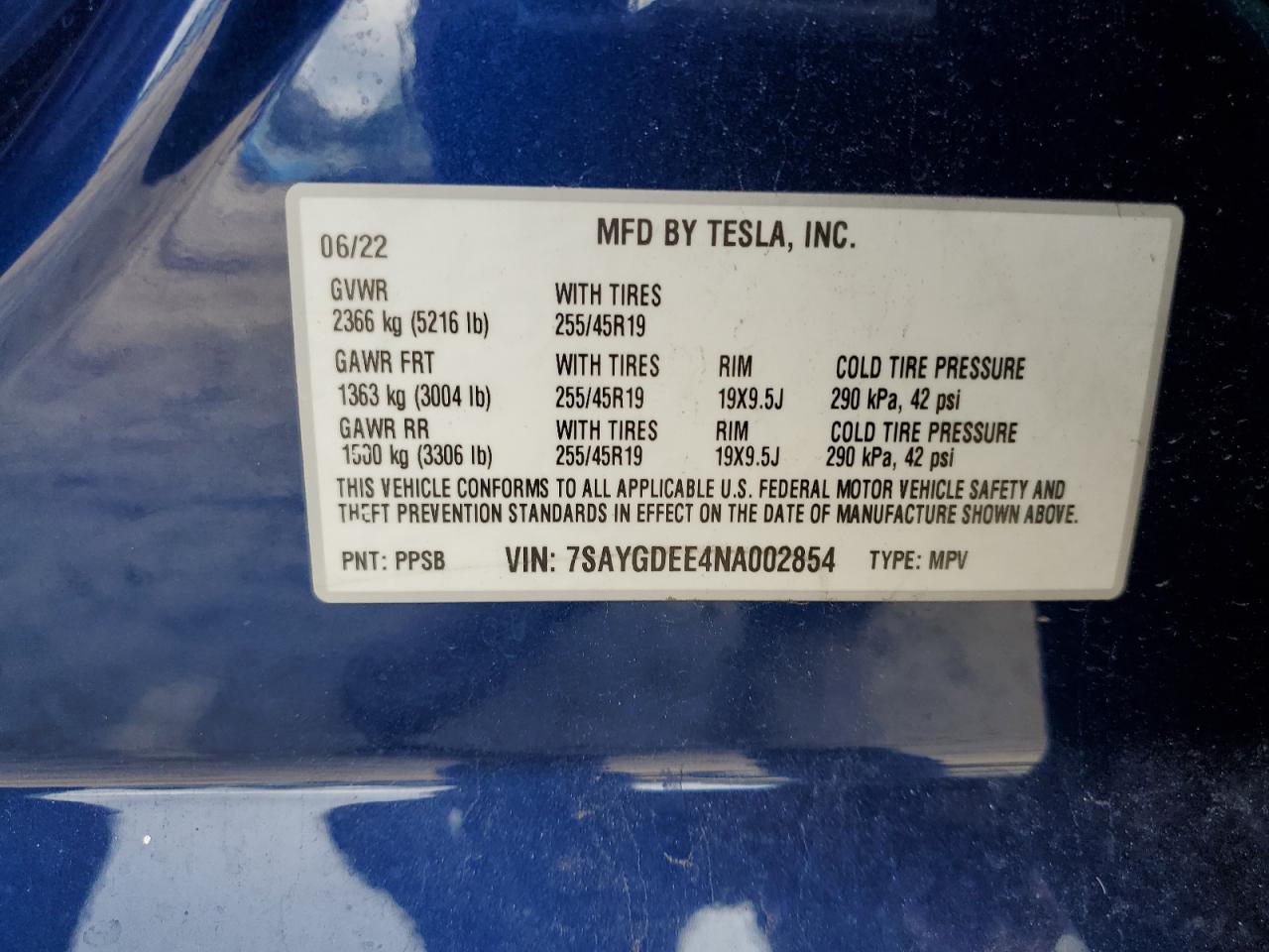 2022 TESLA MODEL Y  VIN:7SAYGDEE4NA002854