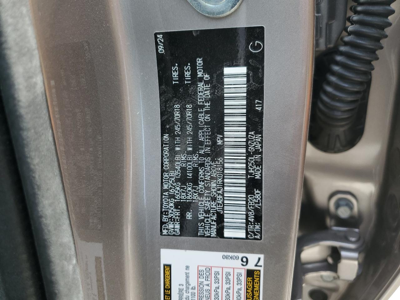 2024 TOYOTA LAND CRUISER BASE VIN:JTEABFAJ1RK018156