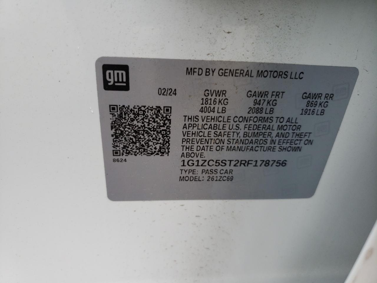 2024 CHEVROLET MALIBU LS VIN:1G1ZC5ST2RF178756