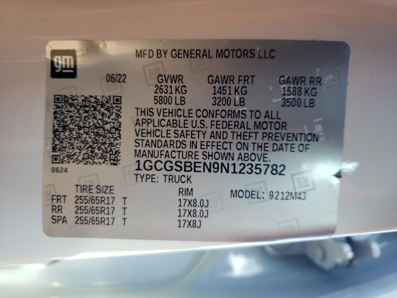 2022 CHEVROLET COLORADO  VIN:1GCGSBEN9N1235782