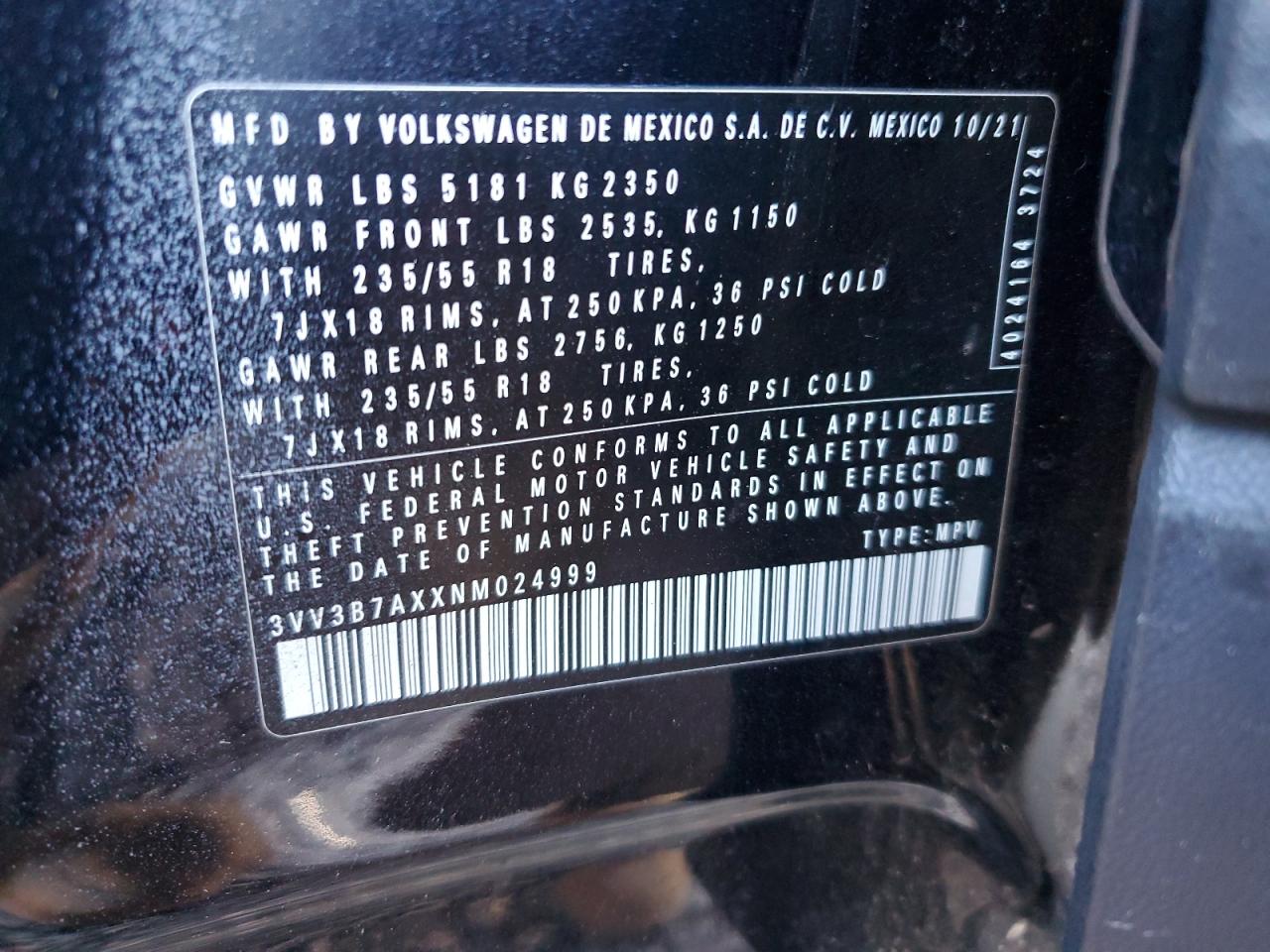 2022 VOLKSWAGEN TIGUAN SE VIN:3VV3B7AXXNM024999