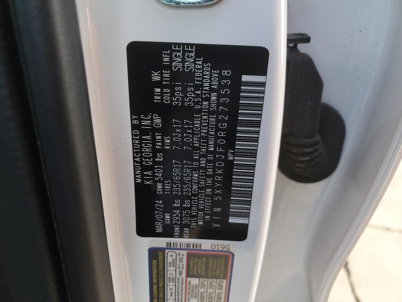 2024 KIA SORENTO SX VIN:5XYRKDJF0RG273538