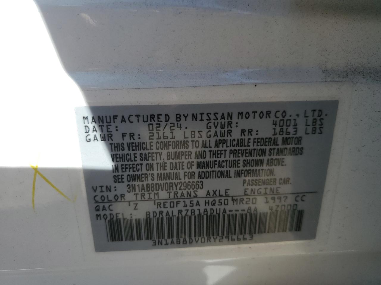 2024 NISSAN SENTRA SR VIN:3N1AB8DV0RY296663