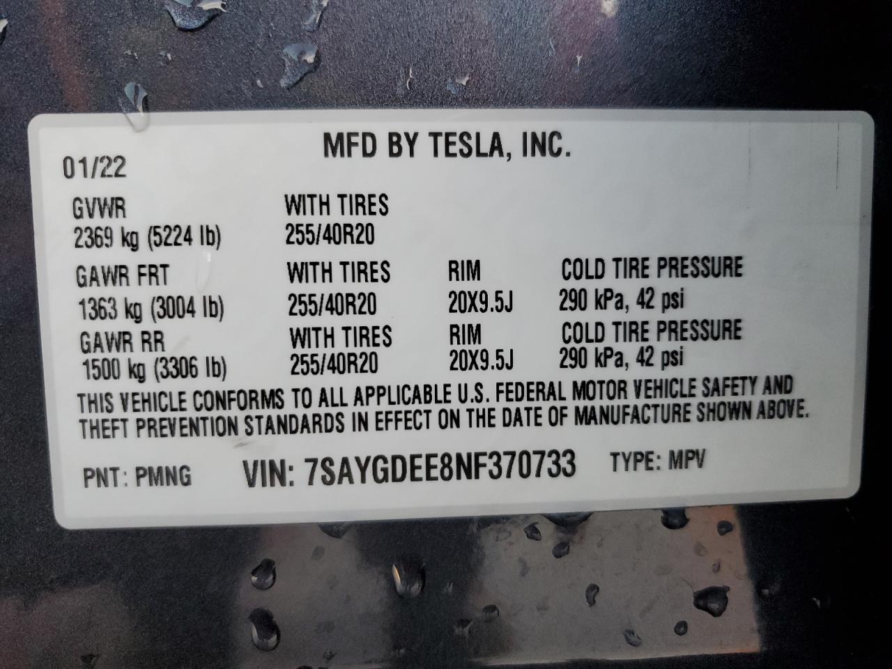 2022 TESLA MODEL Y  VIN:7SAYGDEE8NF370733