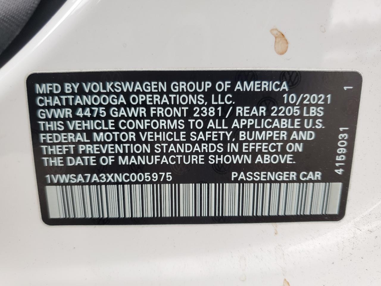 2022 VOLKSWAGEN PASSAT SE VIN:1VWSA7A3XNC005975