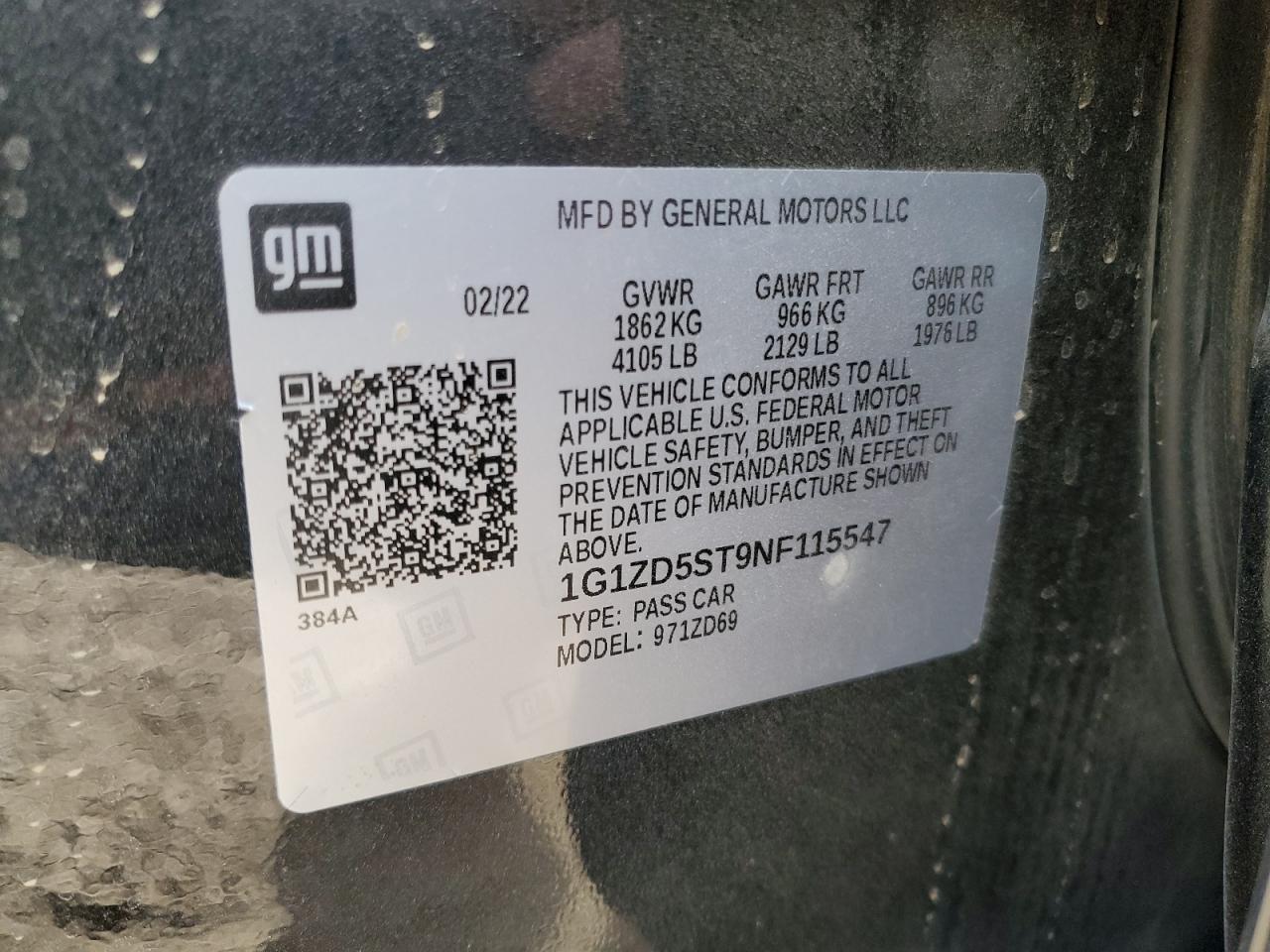 2022 CHEVROLET MALIBU LT VIN:1G1ZD5ST9NF115547