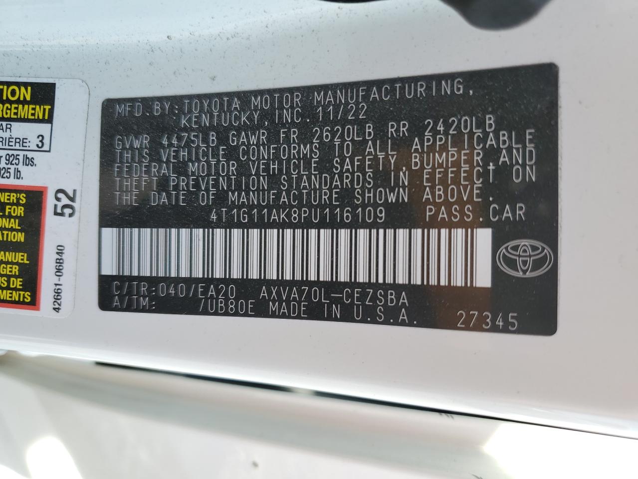 2023 TOYOTA CAMRY SE NIGHT SHADE VIN:4T1G11AK8PU116109