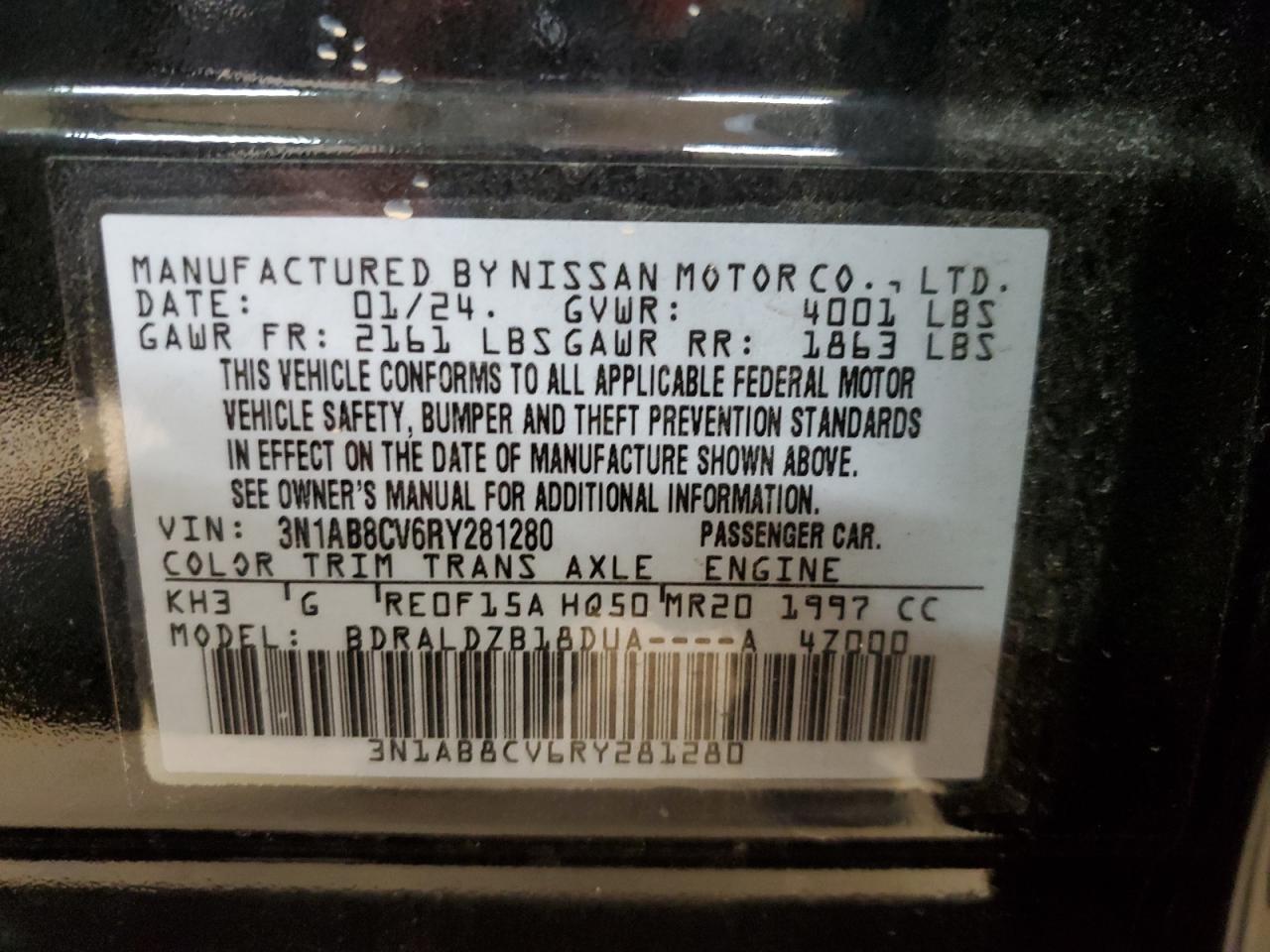 2024 NISSAN SENTRA SV VIN:3N1AB8CV6RY281280