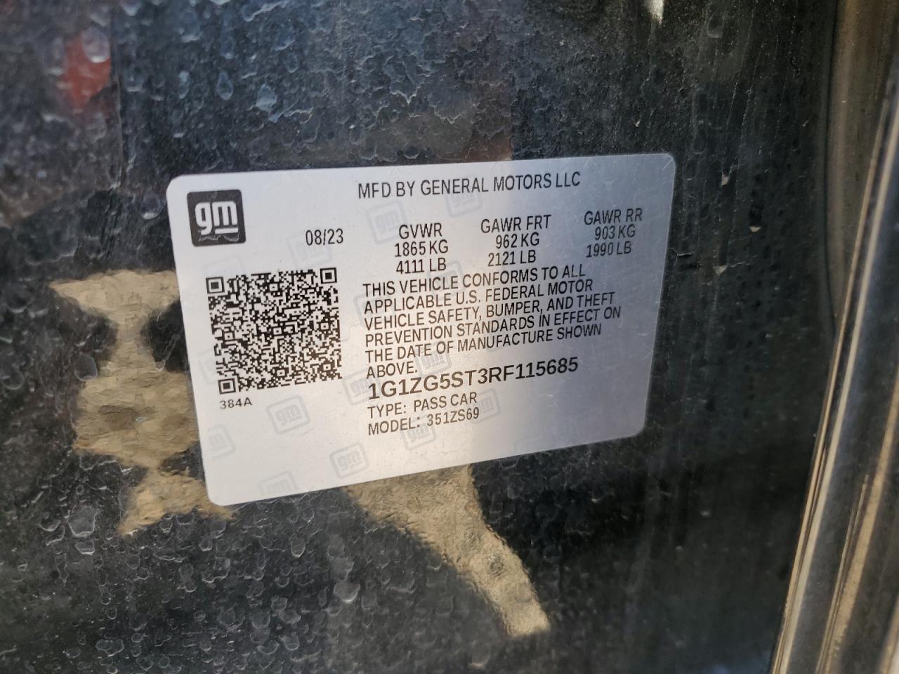 2024 CHEVROLET MALIBU RS VIN:1G1ZG5ST3RF115685