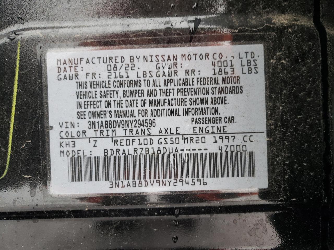 2022 NISSAN SENTRA SR VIN:3N1AB8DV9NY294596